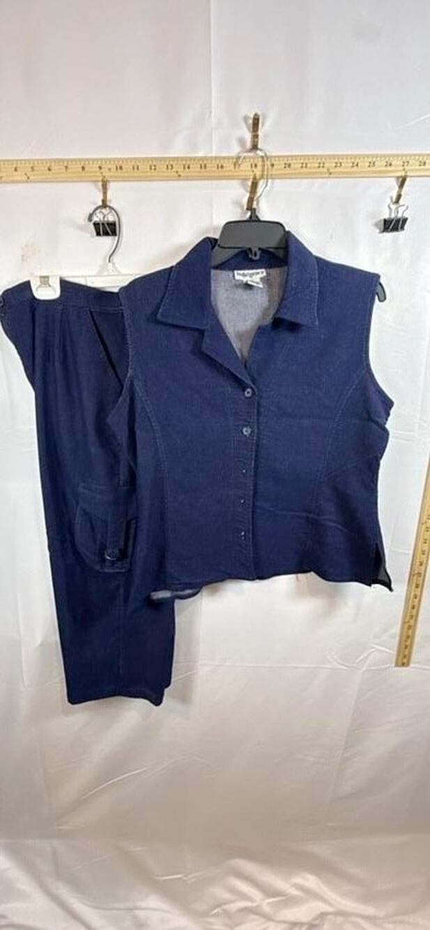 Indulgence Vintage 2 Piece Pants Set Navy Blue Top L Cargo Pants XL Ramie Blend